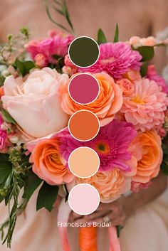 a bride holding a bouquet with different shades of pink and orange in the center, on her wedding day