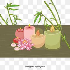 three candles with pink flowers and bamboo leaves on the table, illustration, cartoon png and psd