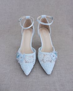 Crochet Lace Wedding Shoes Collection. Vintage inspired pointed toe crochet lace with added 3D flower appliques. The perfect shoe for a spring or summer wedding, bridesmaids, bridal parties, or evening heels. The light blue color can easily be your something blue. DETAILS: HEELS: 3 inches UPPER: Synthetic upper and lining MATERIALS: Manmade outsole ORIGIN: Imported Summer Wedding Bridesmaids, Shoes For 2023, Light Blue Heels, Shoes Editorial, Wedding Shoes Low Heel, Evening Heels, Flower Girl Shoes, Blue Wedding Shoes, Bridal Flats