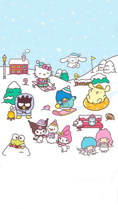 an image of hello kitty snowboarding in the snow with other cartoon characters on it