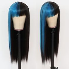 Blue Highlights Black Hair Synthetic Wigs Full Bangs Glueless Heat Resistant Wig Full Bangs, Black Hair With Highlights, Blue Highlights, Synthetic Wigs, Wig Hairstyles, Heat Resistant, Black Hair, Style Me