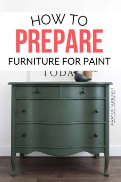 green painted dresser makeover with text overlay