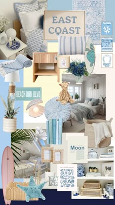 a collage of blue and white decor