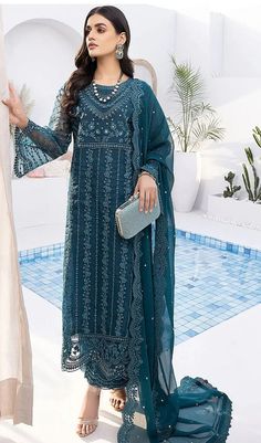 Trending Long Shirt suit with Beautiful embroidery dopatta in beautiful cool color.Can wear on any occasion. Chiffon Dupatta, Pakistani Suits, Women Wedding Guest Dresses