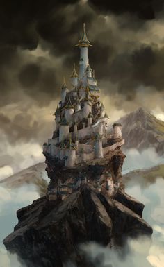 an artistic painting of a castle on top of a mountain in the sky with clouds