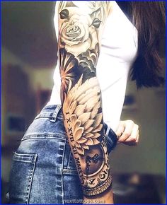 a woman's arm with a clock and roses tattoo on her left arm, which is half sleeve