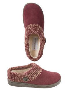 When you consider the amount of time you spend wearing slippers, they definitely need to be warm, comfortable, and of course, look stylish too. These cute slipper clogs check all those boxes! They have an adorable knit ragg cuff with a decorative button on the side and a faux fur lining that's plush and warm. Other features include a supportive memory foam insole and a nonslip EVA outsole.    Soft leather-suede upper   Knit ragg cuff accented with a decorative button   Thick faux-fur lining   Tr Clog Style, Vermont Country Store, Women Footwear, Slippers For Men, Suede Clogs, Clogs Style, Cute Slippers, Clog Slippers, Suede Slippers