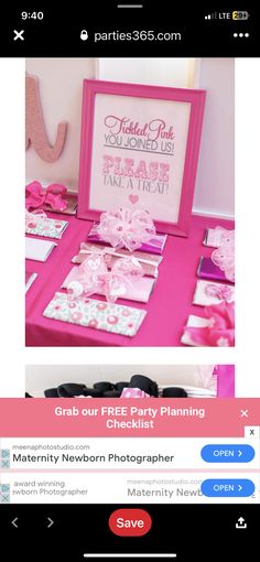 a pink table topped with lots of cards next to a sign that says grab our free party planning checklist