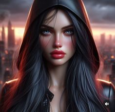 a woman with long black hair and red lipstick in front of a cityscape