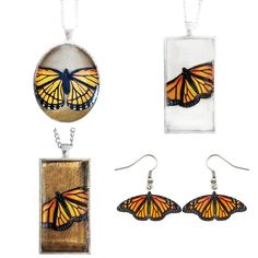 three pieces of jewelry with monarch butterflies on them