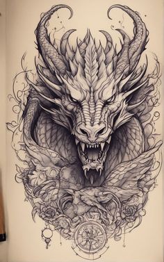 a drawing of a dragon with large horns on it's head and an intricate design