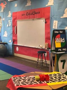 an empty classroom is decorated with colorful walls and flooring for children's birthday parties