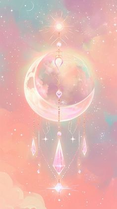 the moon and stars are hanging from the strings in front of an artistic pink background