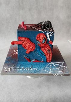 a spiderman cake is on display for someone's special occasion, and it looks like they are going to die