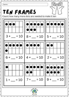 the ten frames worksheet is shown with numbers to 10 and has two hands on it