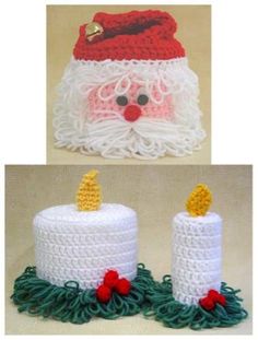 two crocheted candles with santa's face on them