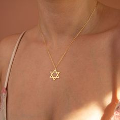 Stylish and minimalist 14K gold Star of David for everyday wear. Great for layering.  Unique personalized gift idea to show love to the important people in your life with a cute, dainty, and creative gift. Also this Star of David gold pendant makes perfect as a Bat Mitzvah gift. We only use the highest quality 925 sterling silver or 14k solid gold.  ♥ All our jewelry is custom made with Love and Care. ✿Unless "Solid Gold" option is specifically chosen from the "Finish" dropdown menu, your jewelr Magen David Necklace, Star Of David Necklace, Length Check, Pendant Minimalist, Jewish Star, Unique Personalized Gift, Handcrafted Necklace, Star Of David, Gold Star