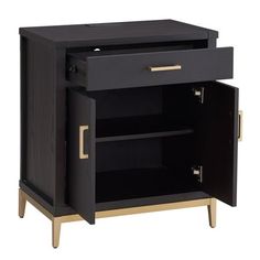 a black and gold cabinet with two shelves on one side, an open drawer on the other