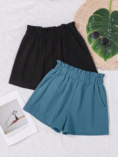 Women's Solid Color Elastic Waist Double Pocket Two Piece Shorts Teal Blue     Plain Wide Leg Non-Stretch Summer Women Clothing, size features are:Bust: ,Length: ,Sleeve Length: Two Piece Shorts, Wide Leg Shorts, Teal Blue, Summer Women, Women Clothing, Womens Bottoms, Elastic Waist, Length Sleeve, Wide Leg