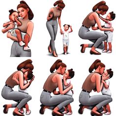 a woman holding a baby in her arms and kissing another woman's face with different poses