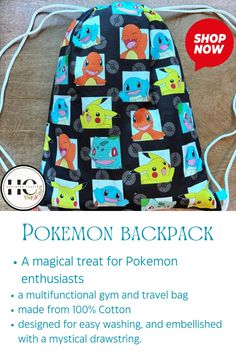 a back pack with pokemon characters on it and the instructions for how to sew