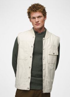 This workwear-inspired vest is built with organic cotton canvas and has a flannel lining for extra warmth. Canvas Vest, West Brook, Outerwear Vest, Recycled Cotton, Outerwear Jackets, Chalk, Cotton Canvas, Work Wear, Mens Jackets