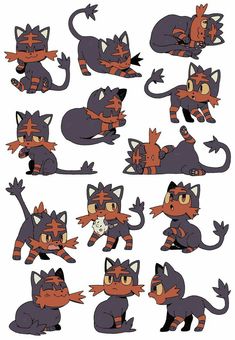 an image of some cartoon cats with different poses and expressions on their faces, including the tail