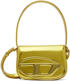 Patent leather shoulder bag in metallic yellow. · Fixed shoulder strap · Adjustable and detachable crossbody strap · Logo hardware at face · Magnetic press-stud flap · Patch pocket at two-compartment interior · Logo-woven moiré lining · H5 x W7.5 x D2.25 Supplier color: Yellow Modern Gold Bag With Logo Hardware, Gold Crossbody Bag With Logo Hardware, Modern Gold Flap Bag With Metal Hardware, Designer Gold Shoulder Bag With Logo Hardware, Modern Gold Flap Bag With Branded Hardware, Modern Gold Flap Bag With Adjustable Strap, Modern Gold Shoulder Bag With Branded Hardware, Designer Gold Flap Bag With Adjustable Strap, 1dr Bag