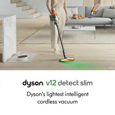 the dyson v 12 detector slim vacuum is shown in this ad for dyson's lightest intelligent cordless vacuum