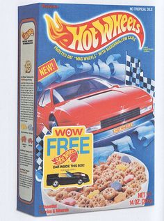 a box of hot wheels cereal sitting on top of a table