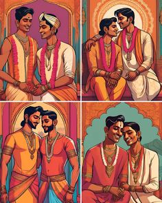 Set of 4 Indian Gay Couple Pop Art print poster wall art.  Being a desi queer, it is hard to find prints and images relating to your own life and experience. I am hoping people will enjoy these prints and are able to see themselves within the art.  These Indian Pop Art Prints would be brilliant for around the house, living room, bedroom, hallway or office.  Purchasing these prints would mean a tremendous amount and is a great way to show your support.  This is a digital download in PDF file. Fil Indian Pop Art, Wall Art Set Of 4, South Asian Art, Art Indian, Pop Art Print, Asian Art, Favorite Things Gift, Wall Art Sets, Poster Wall