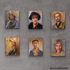 six paintings of people in hats on a wall