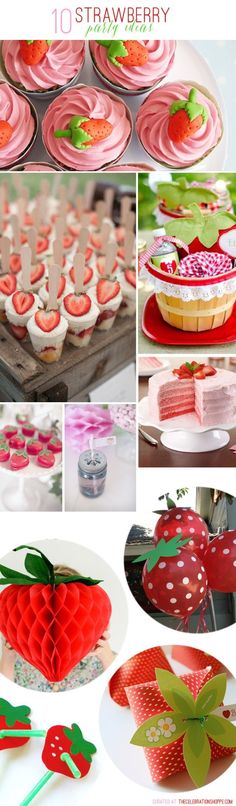 strawberry themed desserts and cupcakes are featured in this collage