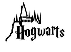 the hogwarts logo is shown in black and white, with a castle on top