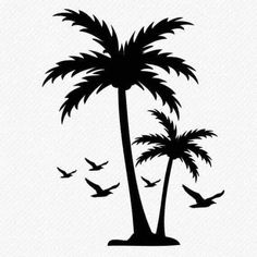 a palm tree with birds flying around it and the silhouette of two palm trees in the foreground