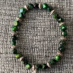 Genuine Green Tigers Eye Silver Metal Spacer Beads 7in Handmade By Me Green Sterling Silver Beaded Bracelet, Green Beaded Bracelets With Silver Beads For Gifts, Green Sterling Silver Bracelets With Silver Beads, Green Sterling Silver Bracelet With Silver Beads, Green Bracelets With Silver Beads As Gift, Green Beaded Sterling Silver Bracelet, Casual Silver Crystal Bracelet With Round Beads, Casual Silver Round Crystal Bracelet, Green Beads With Silver Details For Gifts