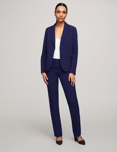 Our Executive Collection was created with the ambitious professional in mind to provide class and convenience for the woman who does it all. This 3-piece set is exactly what you need to start your capsule closet. Pair with your favorite Anne Klein blouse to finish the look. Jacket Notch collar, 2 button closure, front pockets Lined Pants Inseam for size 8: 33" Mid Rise, Straight leg, back pockets Unlined Skirt Approx. 22" in length Knee length Back zipper with hook-and-eye closure Slit at center Navy Suit Women, Fair Attire, Business Fits, Business Professional Dress, Women Lawyer, Cream Suit, Lesbian Fashion, Capsule Closet, Professional Dress