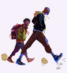 two people walking down the street with backpacks on their backs and one person wearing sneakers