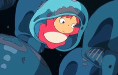 an animated image of a boy in a blue hoodie surrounded by giant round objects