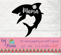 a shark with the word mama on it's back and an image of a baseball ball in its mouth