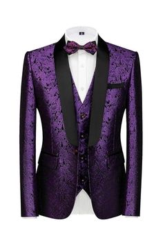 Guy Modern Purple Three Pieces Jacquard Suits For Wedding Wedding Groomsmen Suits, Purple Tuxedo, Lapel Wedding, Purple Shawl, Wedding Tuxedo, Wedding Groomsmen, Prom Suits, Groomsmen Suits, Purple Jacket