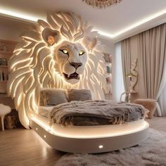 a bedroom with a lion head on the wall and lights in the ceiling, along with a round bed