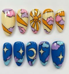 Nail Ideas Cartoon, May Nail Inspo 2024, Stardew Valley Nails, Themed Nails Designs, Complex Nail Art, Steven Universe Nails, Animal Crossing Nails, Japanese Inspired Nails, Kidcore Nails