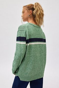 BDG sweater in a slouchy, oversized fit. Designed in a soft, chunky knit featuring a crew neckline, drop shoulder long sleeves and ribbed knit trim throughout. Some colorways are topped with colorblocking for a retro touch. Only at Urban Outfitters. Features BDG Oaklyn oversized crew neck pullover sweater Soft midweight knit Ribbed knit trim throughout Crew neckline with drop shoulder long sleeves Oversized fit Regular length Easy pull-over style UO exclusive Content + Care 60% Cotton, 40% acryl Trendy Oversized Crew Neck Cardigan, Oversized Knit Crew Neck Outerwear, Oversized Crew Neck Cardigan, Oversized Crew Sweater For Fall, Oversized Crew Neck Casual Cardigan, Casual Green Cardigan With Ribbed Cuffs, Oversized Knit Crew Sweater, Oversized Knit Crew Neck Sweatshirt, Cozy Crew Neck Sweater