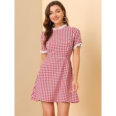 With the above-knee-length style, this Regular Fit plaid-print short-sleeve dress is fitted at the bust and waist. Featuring a lace neckline, and plaid print, it has an invisible side zip. Show your feminine style with this sweet lace-up round-neck dress. Soft fabric ensures all-day comfort. It is a perfect choice for weekends, holidays, and daily wear. A good choice for your wardrobe, a classic plaid design will always be on trend. Fitted Red Plaid Dress With Short Sleeves, Red Fitted Plaid Dress With Short Sleeves, Fitted Plaid Short Sleeve Mini Dress, Fitted Plaid Mini Dress With Short Sleeves, Red Preppy, Plaid Summer Dress, Pan Collar Dress, Dresses Shein, Peter Pan Collar Dress