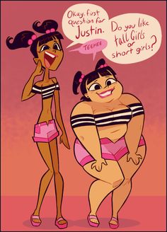 two cartoon characters are talking to each other and one is wearing a bathing suit, the other