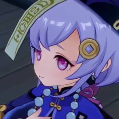 an anime character with purple hair and blue eyes wearing a uniform that has gold buttons on it's collar