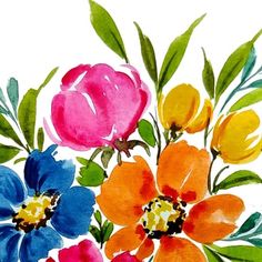 a painting of colorful flowers on a white background