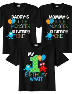 three shirts with the number one and two monsters on them