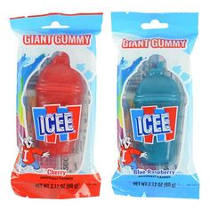 two bags of icee gummy sitting next to each other